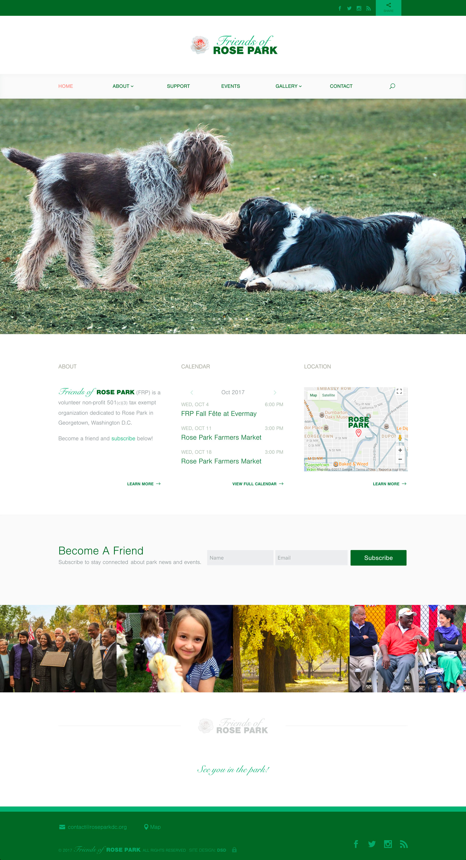 Friends of Rose Park • Logo Design, Website Design, Custom Google Map Styling, Google Calendar Integration, & Ticketing Integration